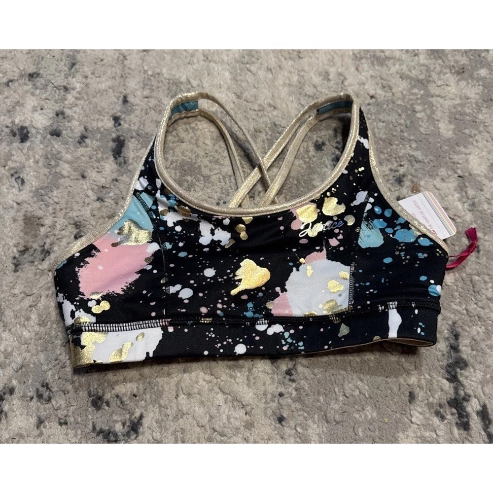 Justice Black and Gold Splatter Reversible Sports Bra Small 7/8 Youth Girls New